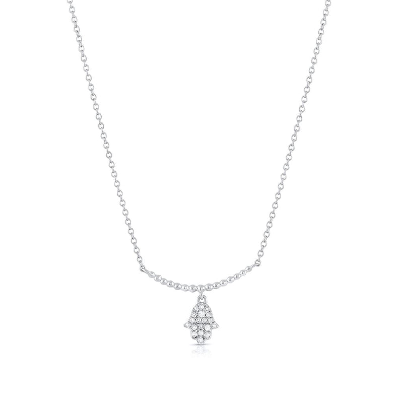 18K White Gold Diamond Beaded Bar Hamza Necklace