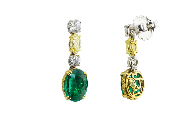 Natural Colombian Emerald and Fancy Color Diamond Earrings