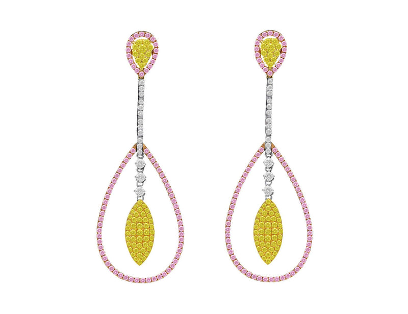 Pink, Yellow and White Diamond Pear Shaped Drop Earrings