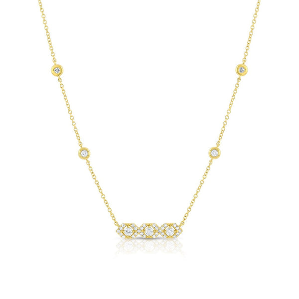 18K Yellow Gold Diamond 3 Hexagon Bar Pendant Necklace