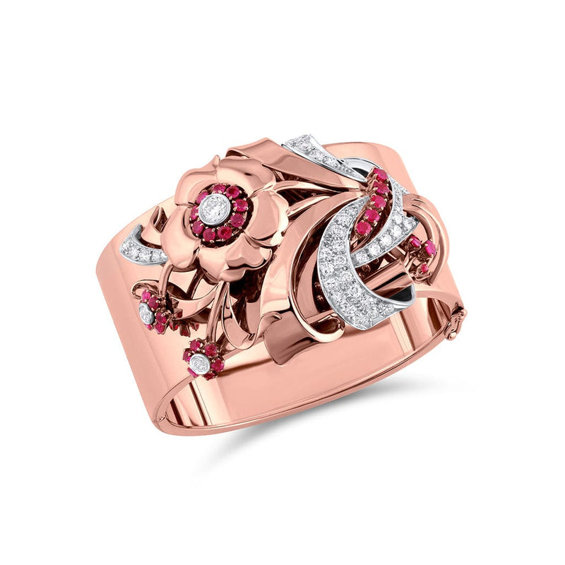 Estate Rose Gold Diamond and Ruby Flower Cuff Bracelet