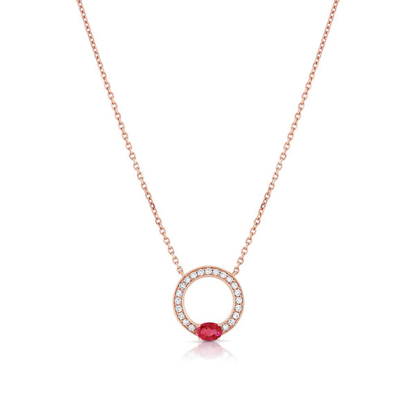 18K Rose Gold Diamond and Oval Ruby Round Pendant Necklace