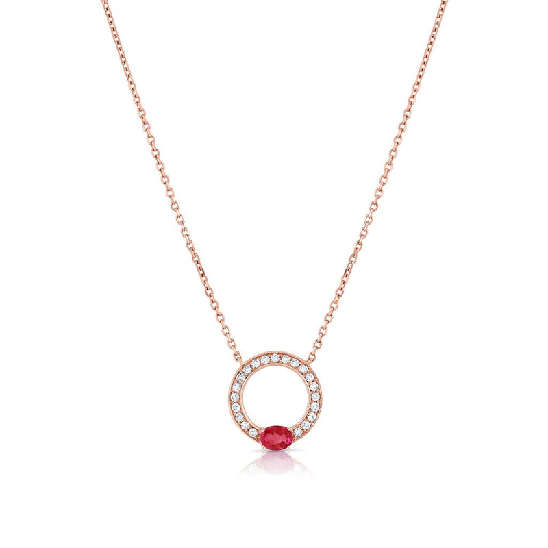 18K Rose Gold Diamond and Oval Ruby Round Pendant Necklace