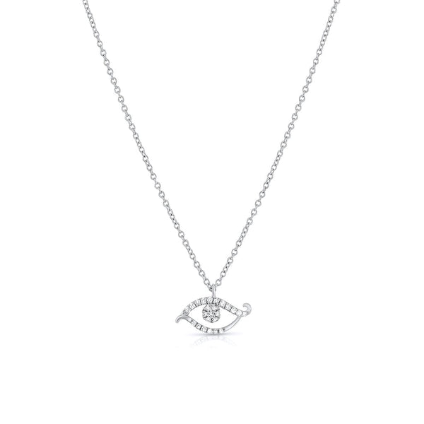 18K White Gold Diamond Scrolled Evil Eye Pendant Necklace