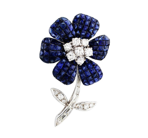 Estate Invisible Set Sapphire Diamond Flower Pin