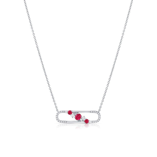 18K White Gold Ruby and Diamond Safety Pin Necklace