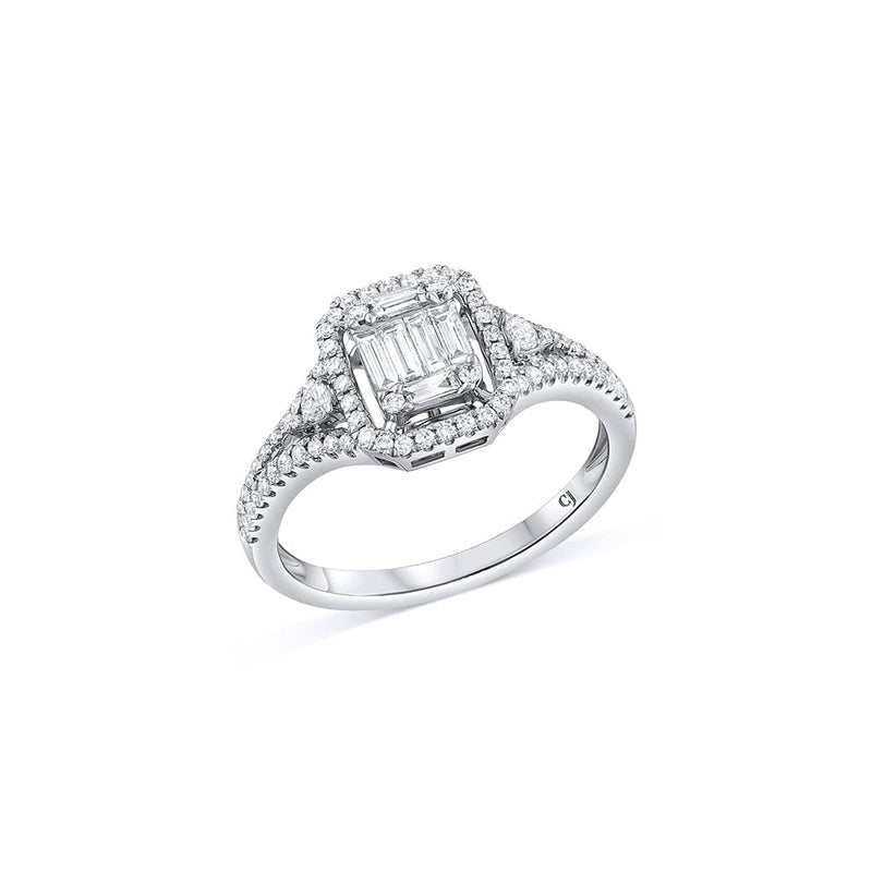 18K White Gold 0.59ctw Diamond Clustered Emerald Shape Ring