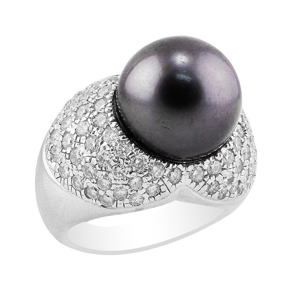 9.0mm Black Cultured Tahitian Pearl and 1/10 CT. T.W. Diamond Tension  Collar Ring in 10K White Gold | Zales Outlet