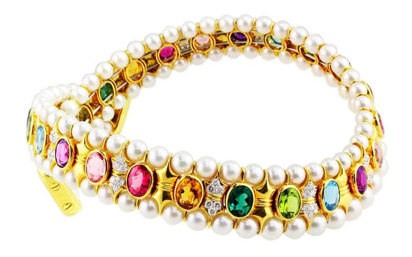 Estate Pearl Diamond Colored Stone Choker Necklace