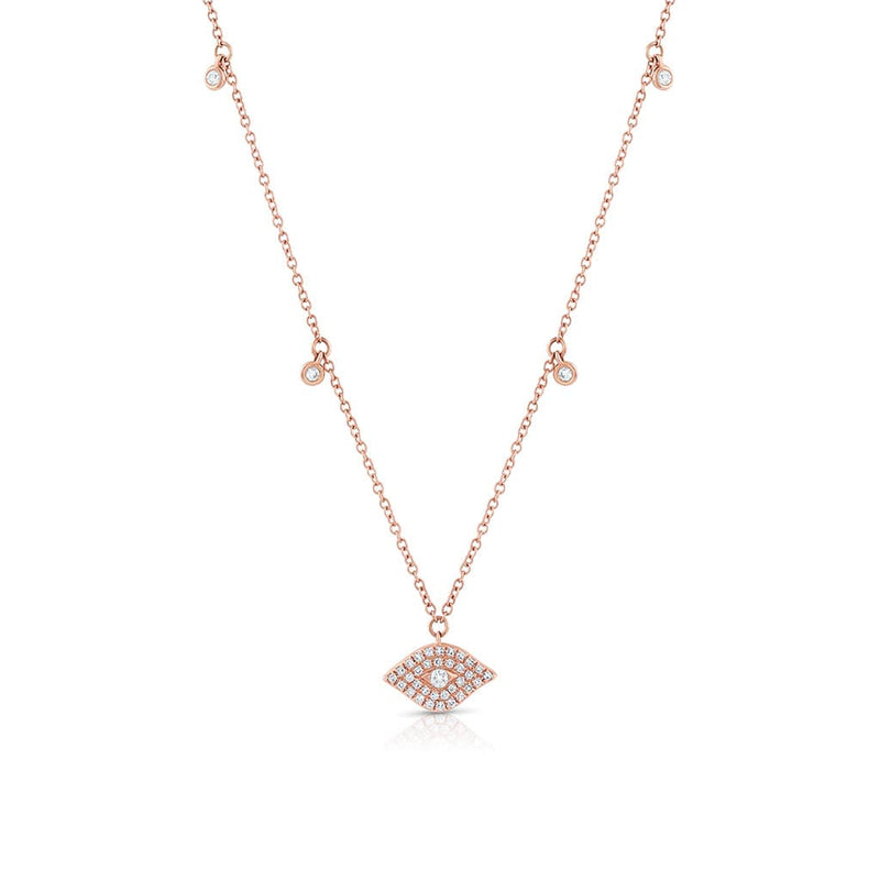 18K Rose Gold Pave Diamond Evil Eye Dangle Pendant Necklace
