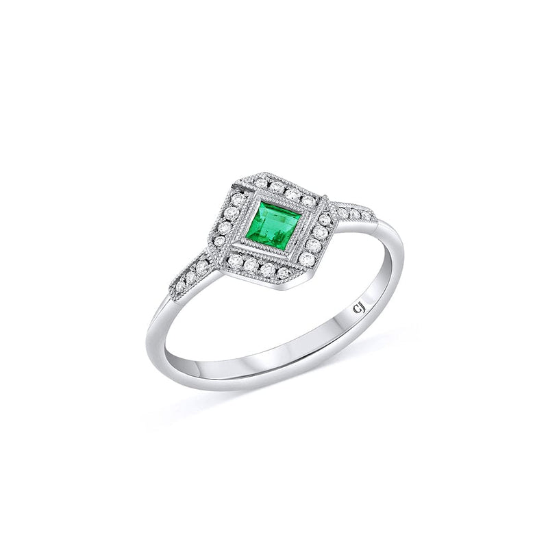 18K White Gold 0.18ct Emerald and 0.10ct Diamond Art Deco Ring