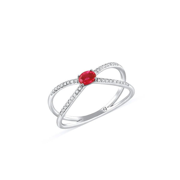 18K White Gold 0.27ct Ruby and Diamond "X" Ring