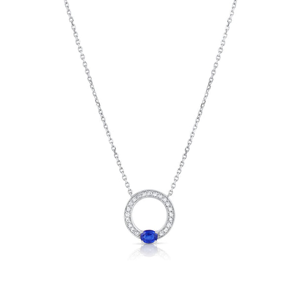 18K White Gold Diamond and Oval Sapphire Round Pendant Necklace