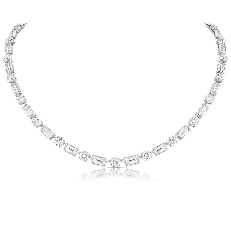 Platinum 15ctw Graduated Diamond Round and Emerald-Cut Necklace - Estate