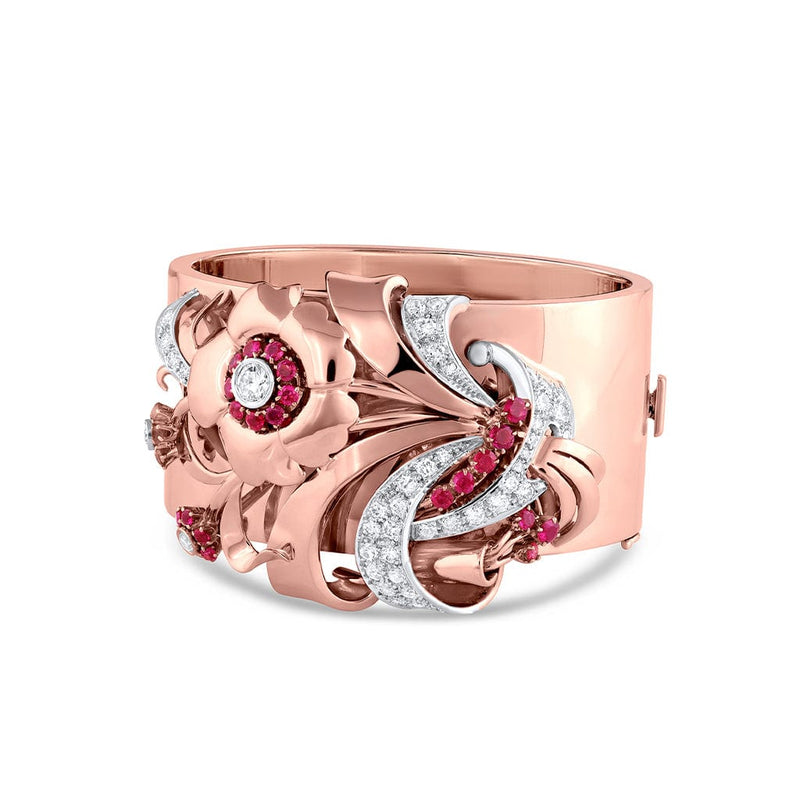 Estate Rose Gold Diamond and Ruby Flower Cuff Bracelet