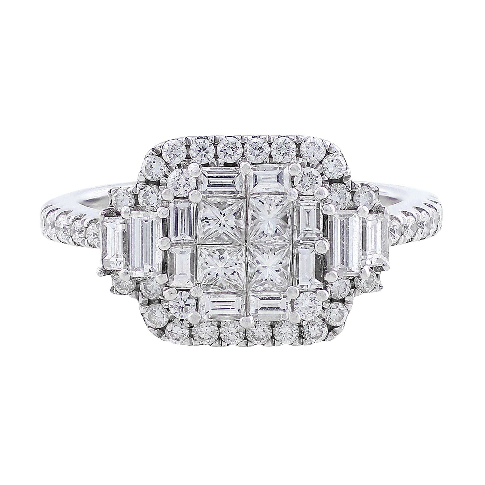 18k White Gold Baguette Round Cut Square Diamond Ring CJ Charles Jewelers