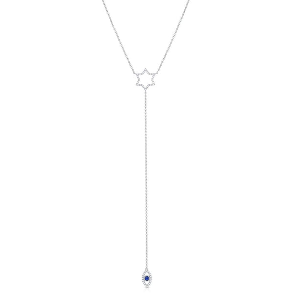 18K White Gold Diamond and Sapphire Star of David Evil Eye Pendant Necklace