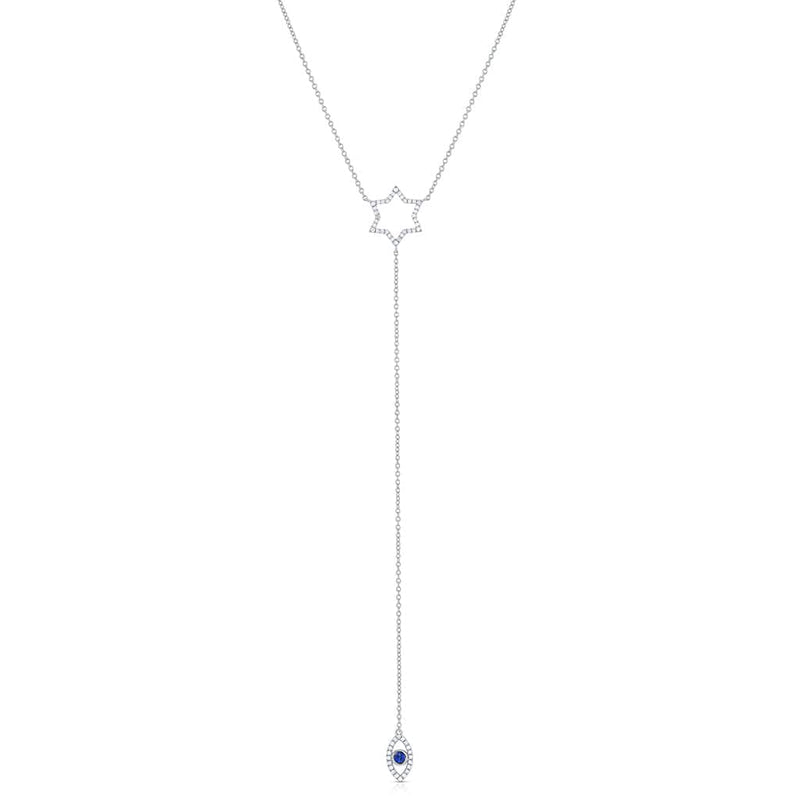 18K White Gold Diamond and Sapphire Star of David Evil Eye Pendant Necklace