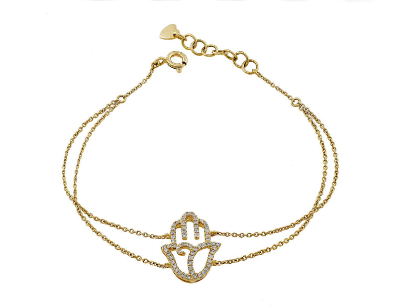 Yellow Gold Diamond Hamsa Double Chain Bracelet