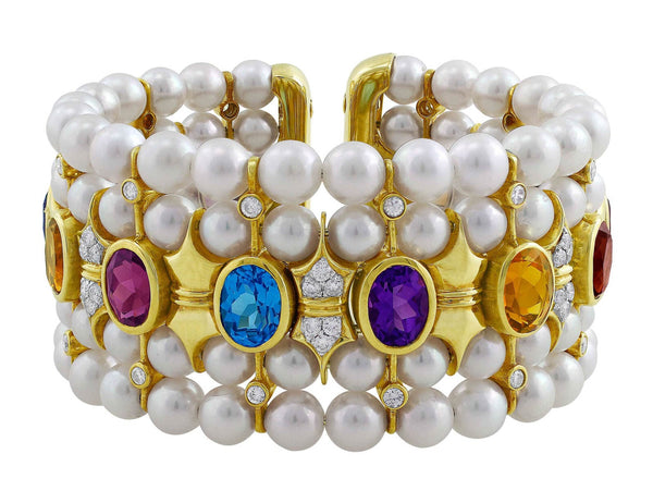 Estate 18kt Yellow Gold Pearl Diamond & Semi Precious Bracelet