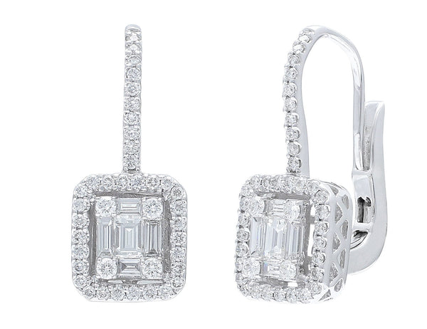 18kt White Gold Baguette & Round Diamond French Clip Earrings