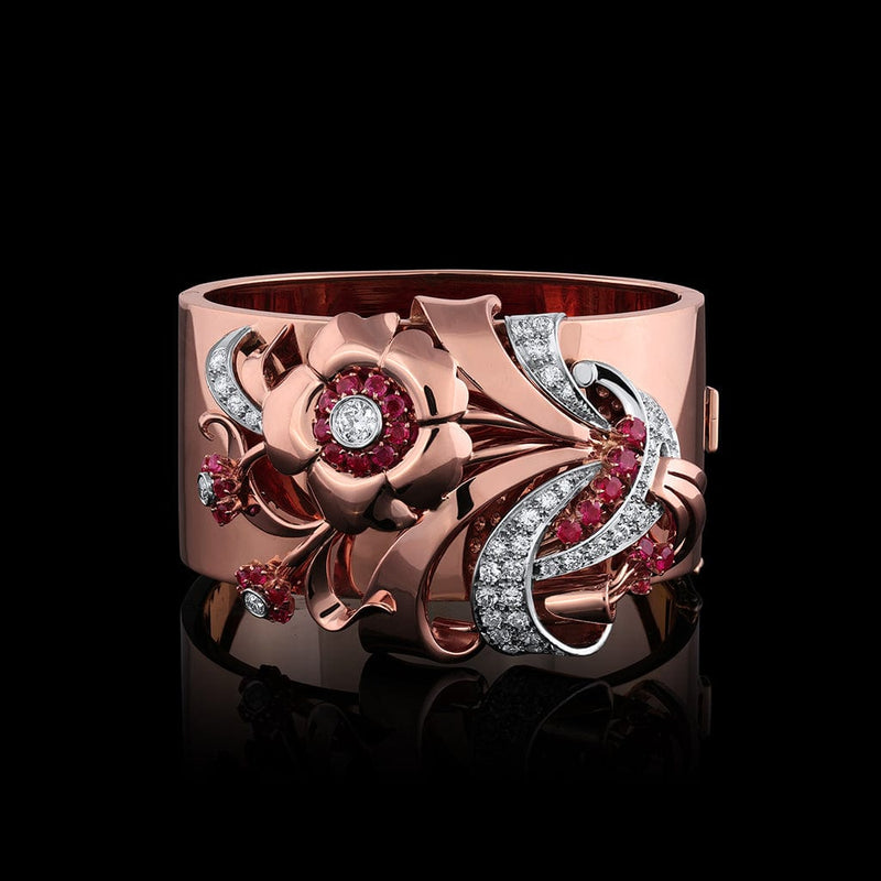 Estate Rose Gold Diamond and Ruby Flower Cuff Bracelet