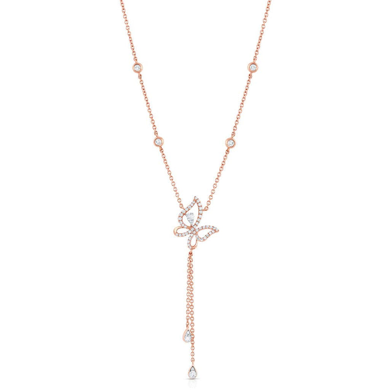 18K Rose Gold Diamond Butterfly Teardrop Dangle Necklace