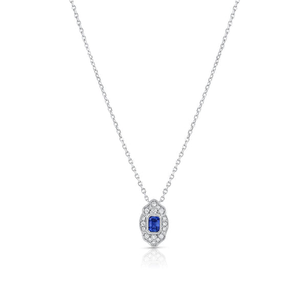 14K White Gold Sapphire Diamond Art Deco Design Pendant Necklace