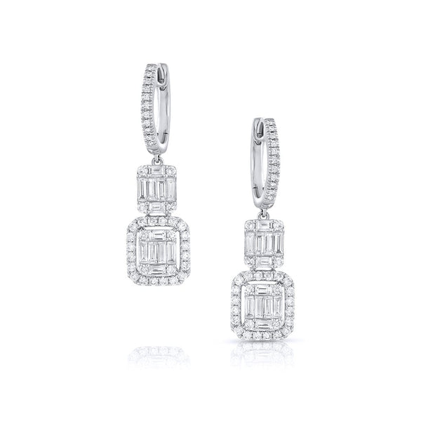 18K White Gold 1.20ctw Diamond Cluster Rectangular Dangle Earrings