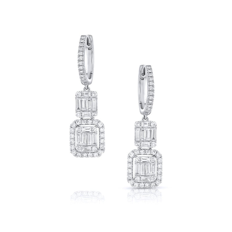 18K White Gold 1.20ctw Diamond Cluster Rectangular Dangle Earrings