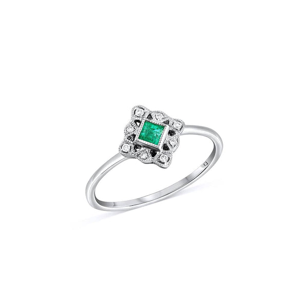 14K White Gold 0.15ct Emerald and 0.04ct Diamond Art Deco Ring