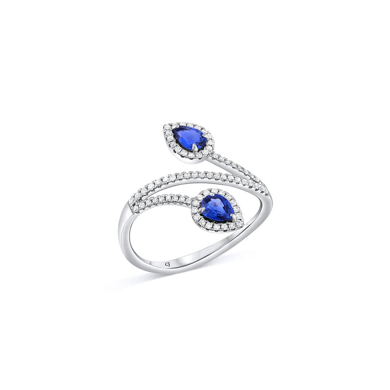 18K White Gold Sapphire and Diamond Leaf Bypass Ring