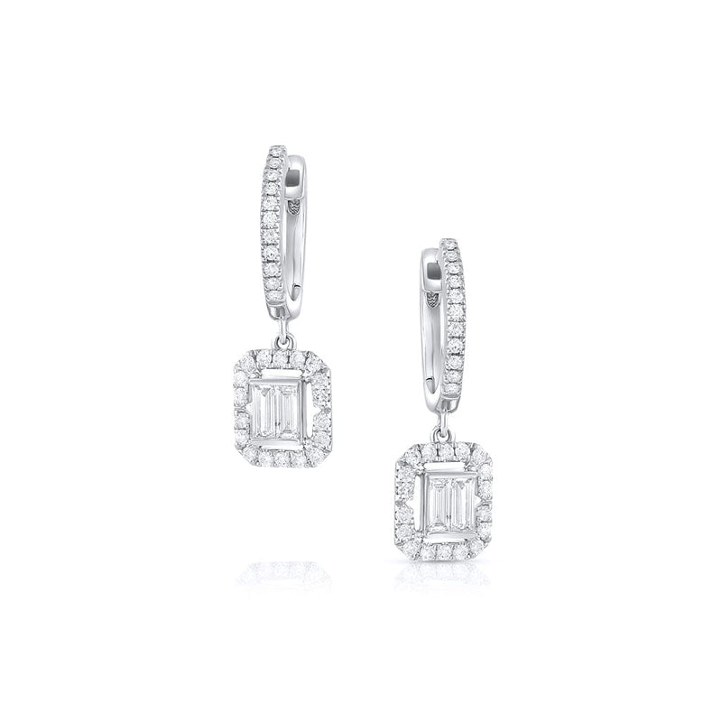 18K White Gold Diamond Huggie Rectangular Drop Earrings