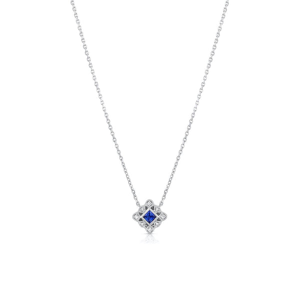 18K White Gold Sapphire Diamond Square Filigree Art Deco Necklace