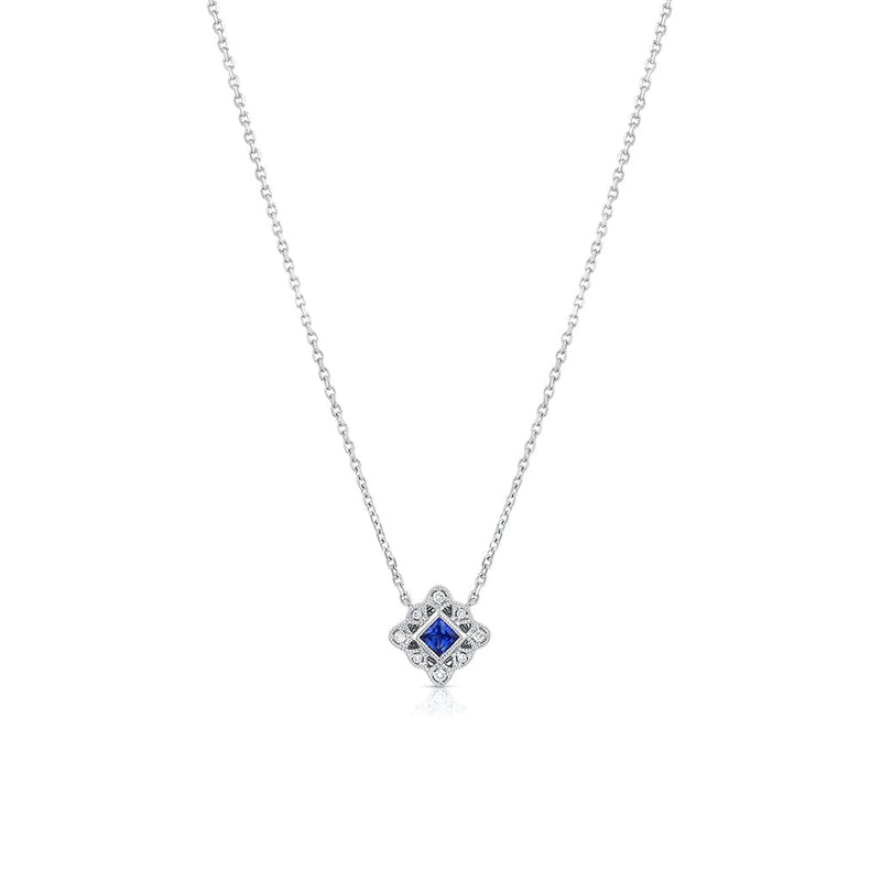 18K White Gold Sapphire Diamond Square Filigree Art Deco Necklace