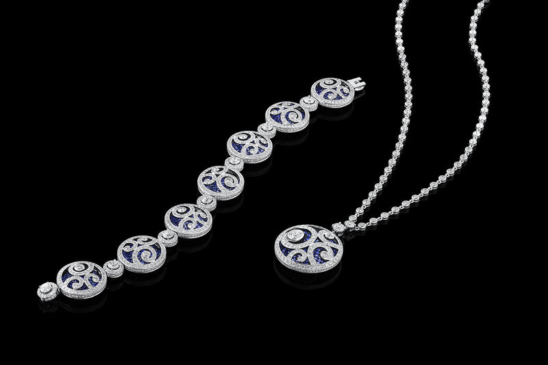 Estate " Graff" 18k Gold Diamond and Sapphire Necklace and Bracelet Set