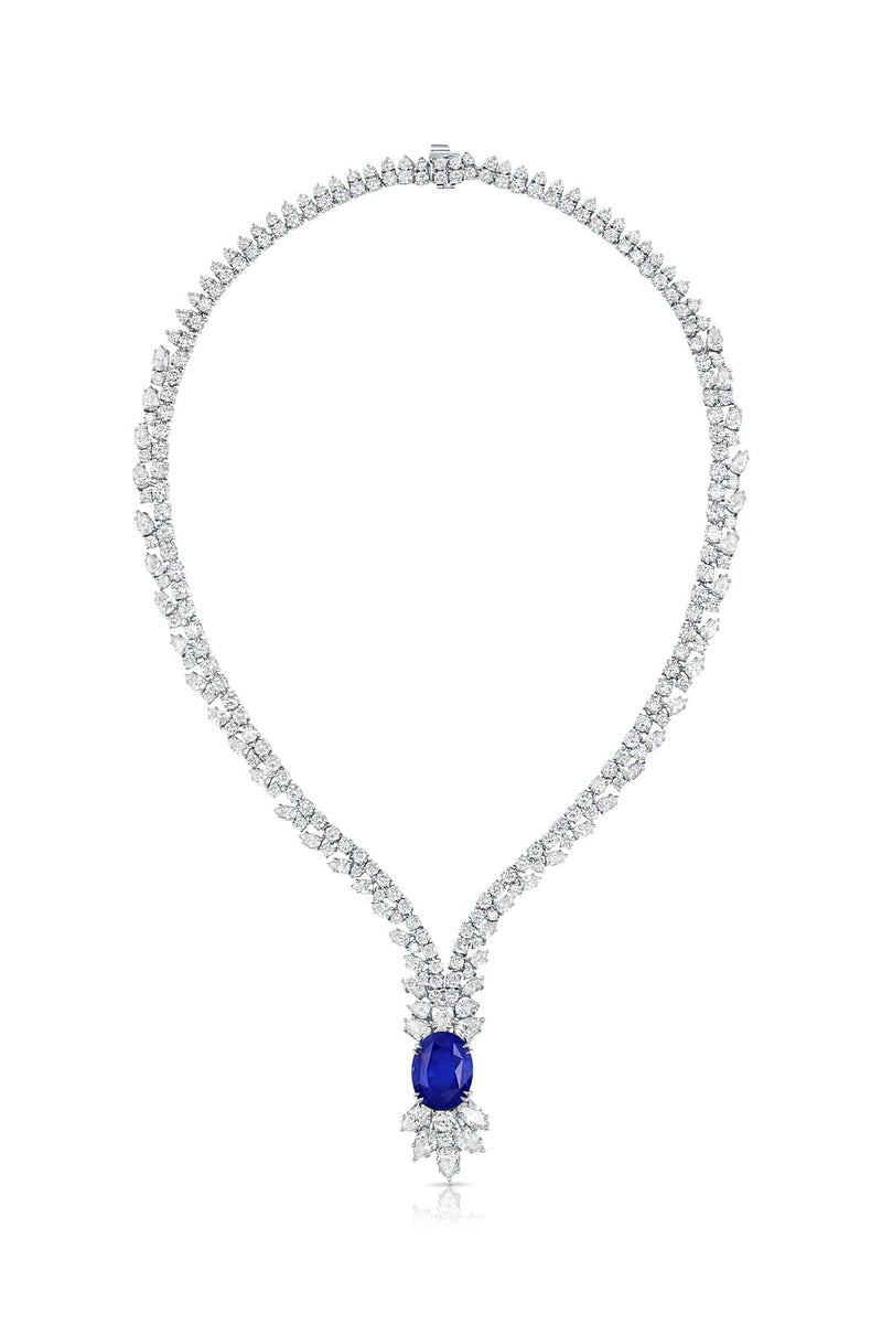 18k White Gold 14.08 ct Ceylon Sapphire Diamond Necklace, AGL Report