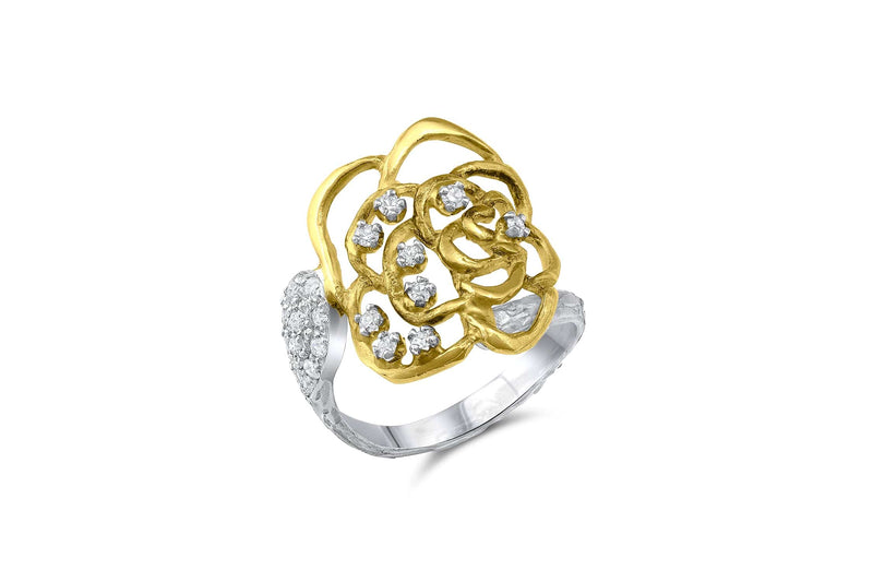 18k Yellow and White Gold Salavetti White Diamond Rose Ring