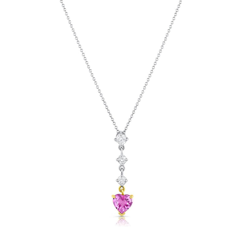 18kt White Rose Gold Heart Shape Pink Sapphire and Diamond Drop Necklace