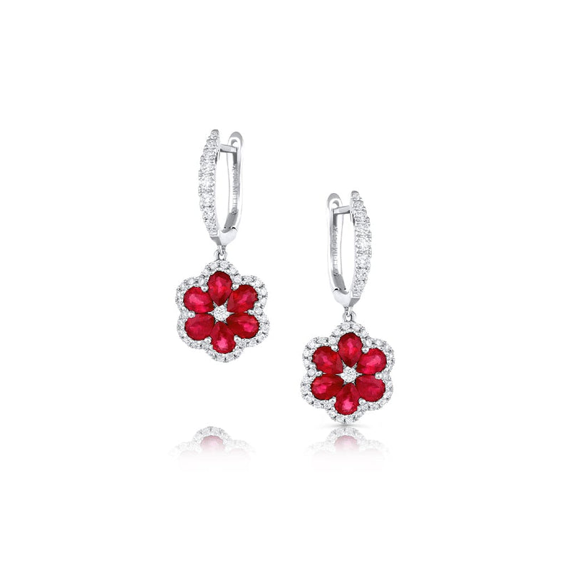 18kt White Gold Ruby and Diamond Drop Flower Earrings