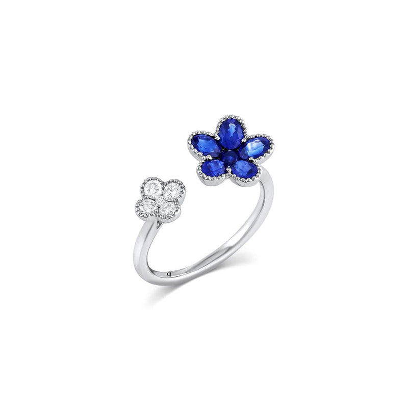 18kt White Gold Blue Sapphire and Diamond Double Flower Open Ring