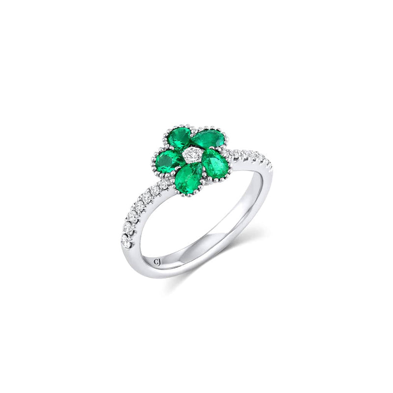 18kt White Gold 0.80ct Zambia Emerald and Diamond Flower Ring