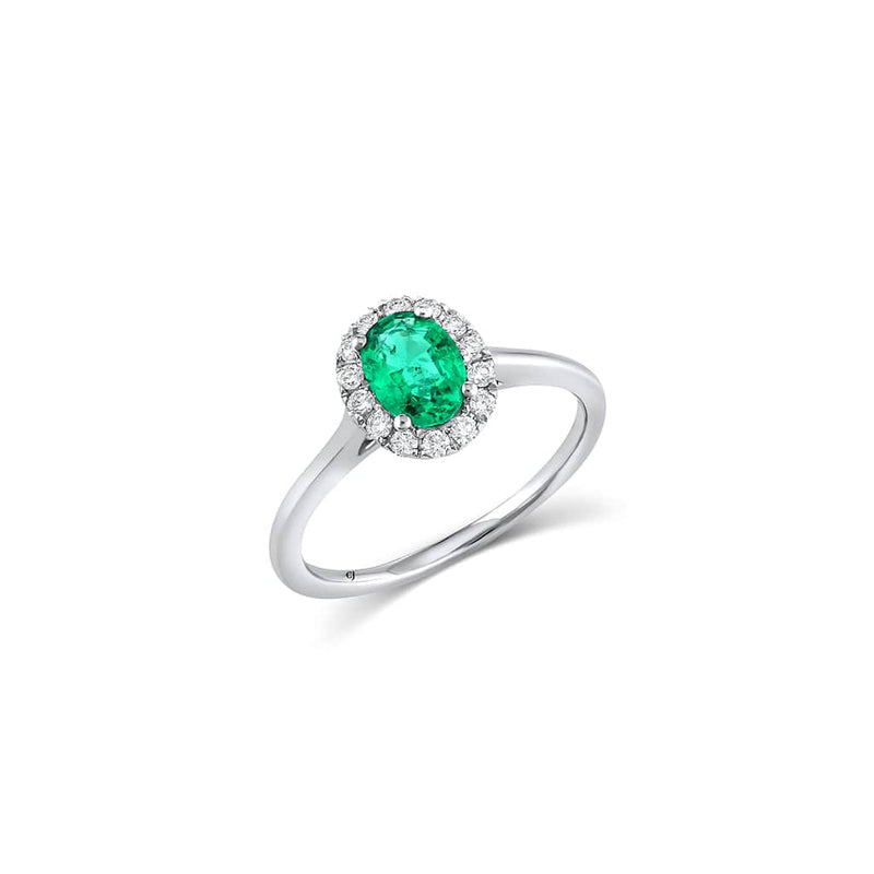18kt White Gold 0.65ct Zambia Emerald and Diamond Halo Ring
