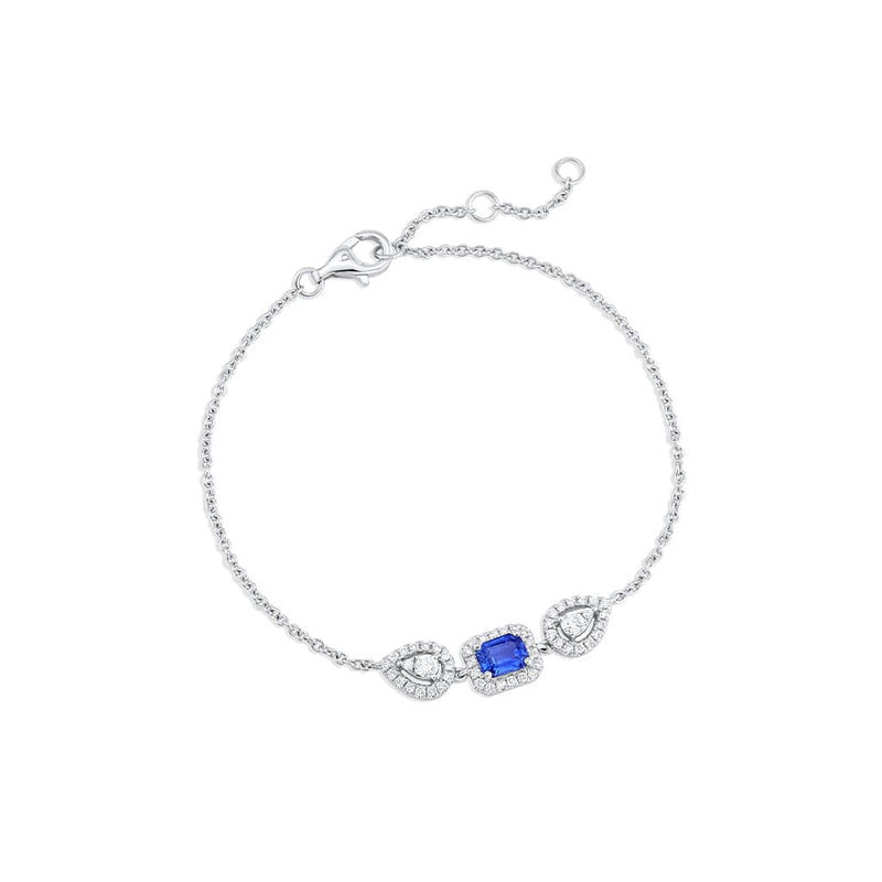 18kt White Gold Sapphire Diamond Pear Emerald Cut Motif Chain Bracelet