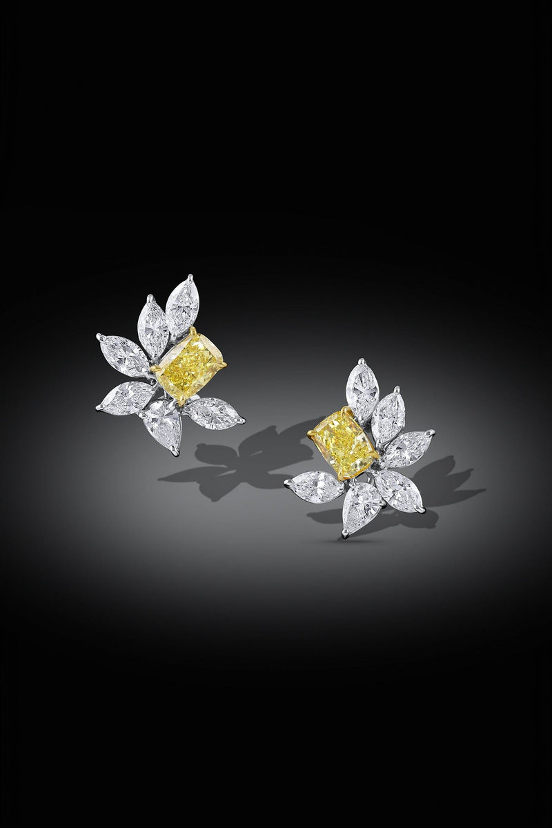 Rivière 18k Yellow Gold and Platinum Fancy Vivid Yellow Cluster Earrings, GIA Certified