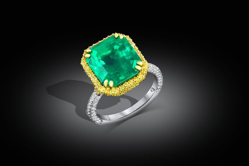 Rivière 18k Gold Platinum 6ct Emerald Diamond Ring, AGL Certified