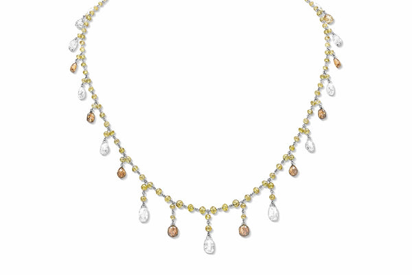 Rivière 18k Yellow Gold Platinum Briolette Multi-color Diamond Necklace