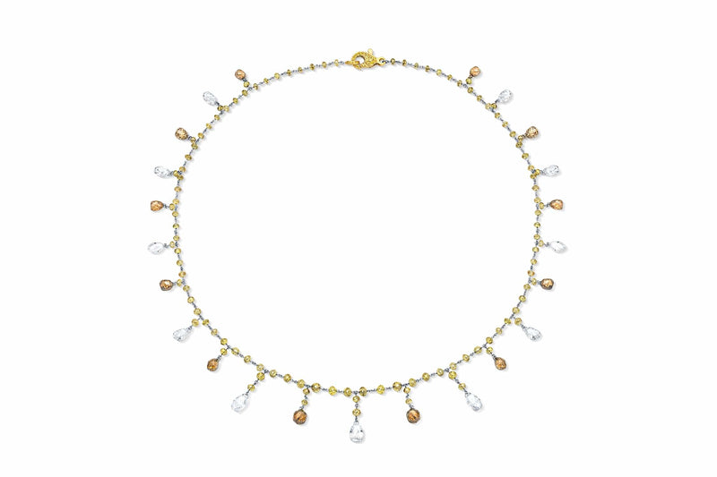 Rivière 18k Yellow Gold Platinum Briolette Multi-color Diamond Necklace