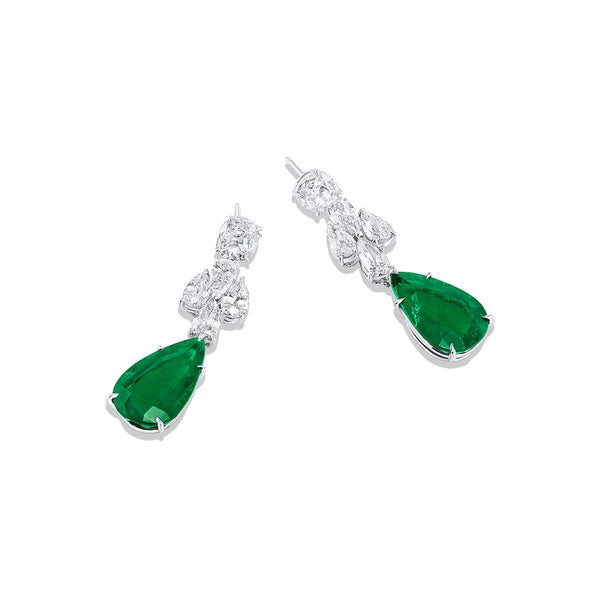 18k White Gold 14.04ctw Colombian Emerald Diamond Drop Earrings, Gubelin Certified