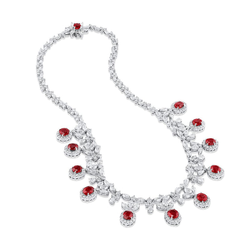 Platinum Burmese Ruby Diamond Necklace and Earring Set, Gubelin certified